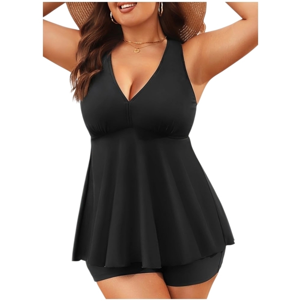 AQUA EVE - 22W Black V-Neck Tankini  2 Piece Swimsuit